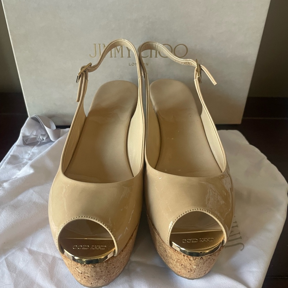 Jimmy Choo Praise Nude Patent Cork Wedge Heel Slingback Pumps Sz 7.5 box… - Picture 4 of 8
